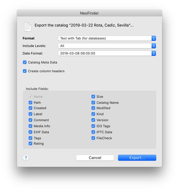 NeoFinder Catalog Export Settings