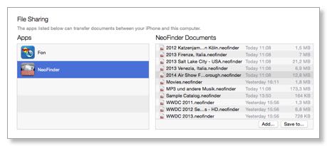NeoFinder iOS File Sharing in iTunes