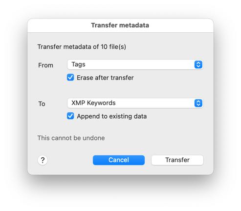 transfer metadata dialog