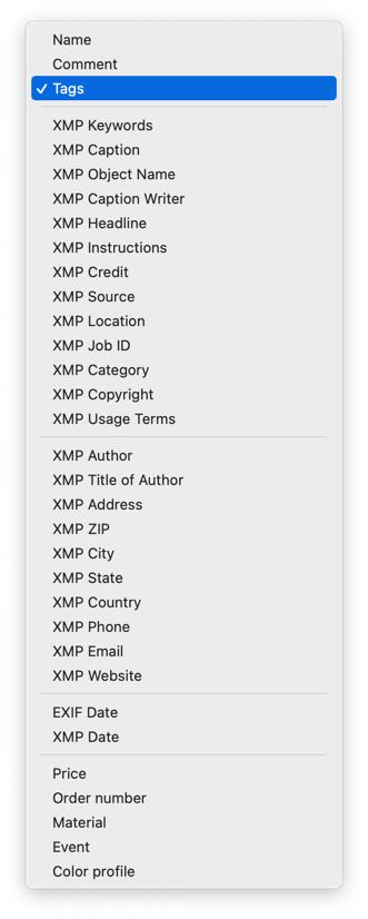 transfer metadata field menu