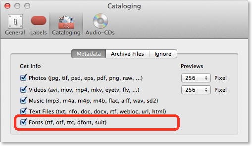 Font Cataloging Preferences in NeoFinder
