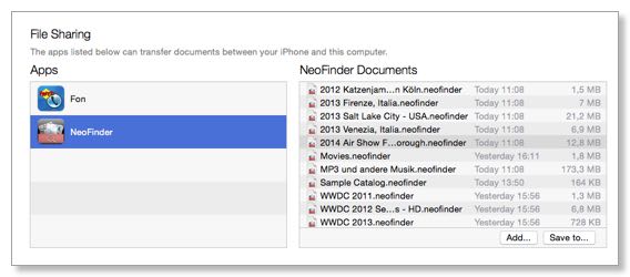 NeoFinder iOS File Sharing in iTunes