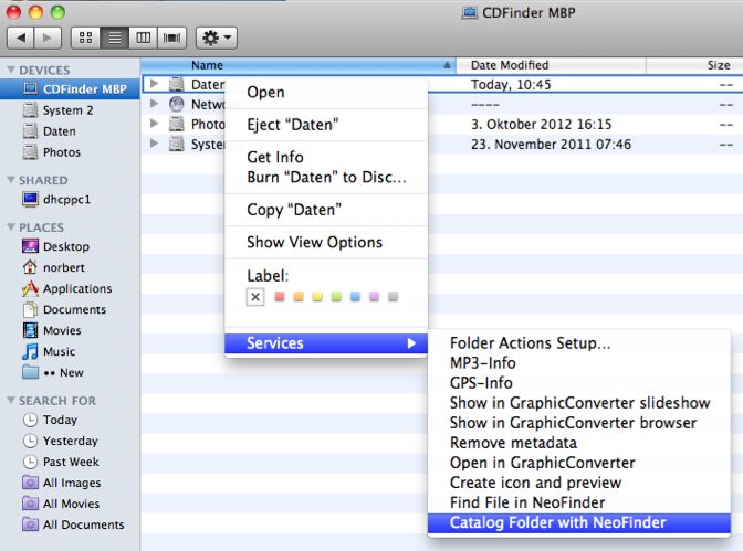 Catalog volume in the Services menu of Mac OS X