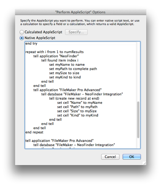 NeoFinder FileMaker Integration sample AppleScript
