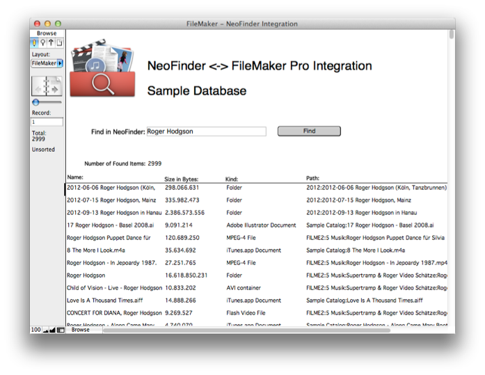 NeoFinder FileMaker Integration sample database